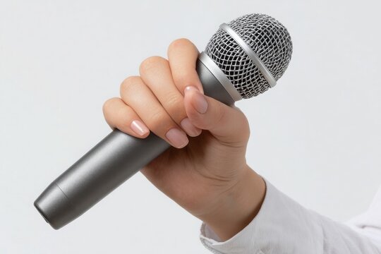 Close up of a person s hand holding a silver microphone against a clean white background