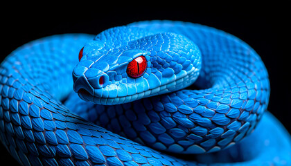 Fototapeta premium A striking blue snake with vibrant red eyes, coiled elegantly against a dark background, showcasing its intricate scales and unique coloration