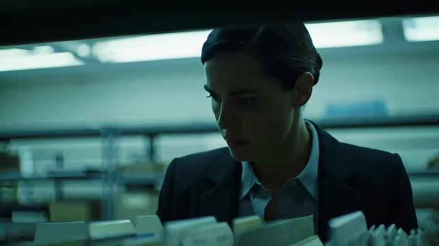 Woman in a Dark Office Searching Through Files - Powered by Adobe
