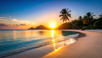 Tropical Sunset Palm Trees  Golden Hour Beach on Paradise Island.