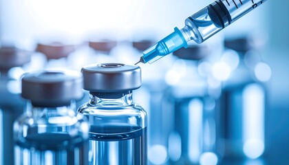 Vaccine Injection Doctor filling syringe from vial with blue background, and medical concept.