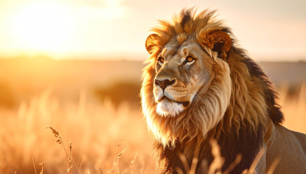 Majestic lion basking in golden sunlight, exuding strength and grace in a serene natural setting