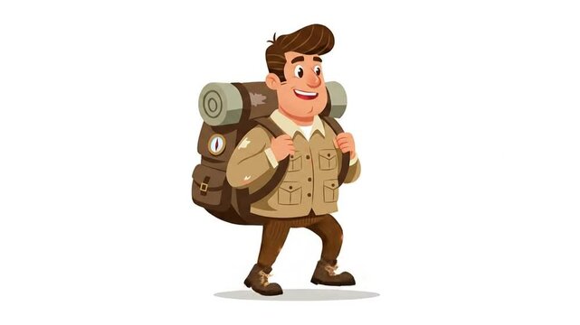 Animated Male Hiker Walking Confidently with Backpack in Cartoon Style