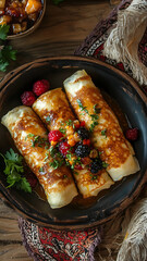 
A rustic plate filled with Ukrainian nalysnyky (crepes), generously stuffed with sweet cottage cheese and topped with fresh berries and a drizzle of honey, placed on a wooden table with a traditional