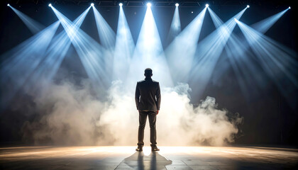 A silhouetted figure stands on stage, illuminated by dramatic lighting and surrounded by smoke, creating a powerful atmosphere of anticipation