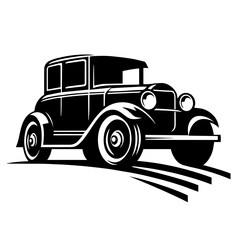 Black and white silhouette vector of a Vintage car on white background