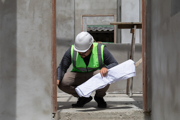 Asian overweight construction project foreman inspects construction site holding blueprint...