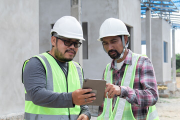 Young overweight engineering foreman reading blueprint paperwork on construction site outdoors with...