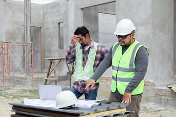Young overweight engineering foreman discussing teamwork on construction site outdoors with Asian or Indian contractor man business partnership project manager using laptop technology solving problem