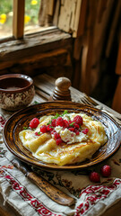 
A rustic plate filled with Ukrainian nalysnyky (crepes), generously stuffed with sweet cottage cheese and topped with fresh berries and a drizzle of honey, placed on a wooden table with a traditional