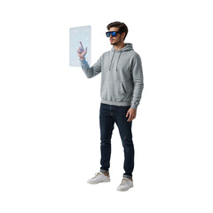 Man wearing augmented reality glasses interacting with holographic display isolated on a transparent background