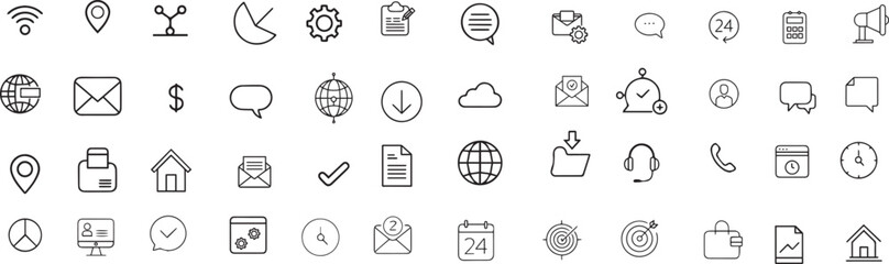  isolated Contact icon set. contact us web thin line icons. home, call, email, address, location, globe, support, telephone, website, icon. Communication contact information icon