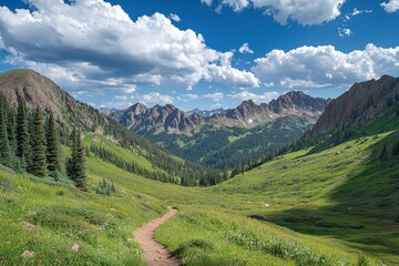 Obraz premium A scenic mountain valley with a hiking trail winding through lush greenery.