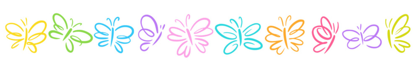 Horizontal vector collection of various butterflies hand drawn in doodle style