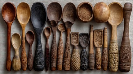 Intricate collection of handcrafted wooden spoons and bowls with carved designs