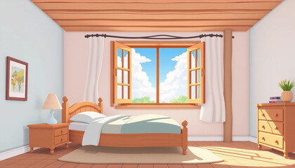 Fototapeta premium Cartoon bedroom with wooden bed, open window, and sky view in bright and cozy atmosphere.