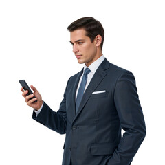 Professional man in dark suit using smartphone isolated on a transparent background