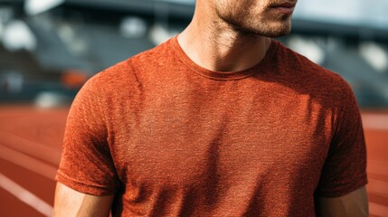 Athletic Man in Red Shirt on Running Track during Outdoor Sports Event