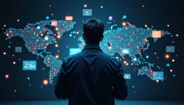 Person observing a global data visualization.