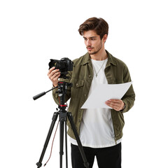 Young man holding paper and operating camera on tripod isolated on a transparent background