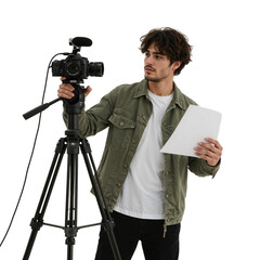 Young man holding paper near camera on tripod isolated on a transparent background