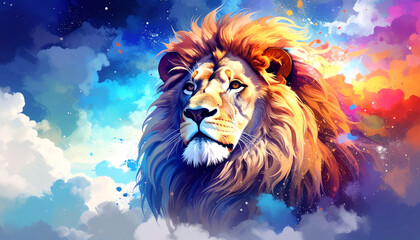A majestic lion with a vibrant, colorful background, embodying strength and beauty amidst swirling clouds and bright hues