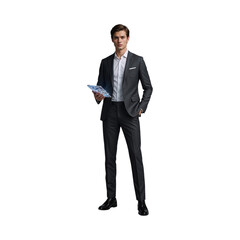 Young man in dark suit holding digital tablet isolated on a transparent background