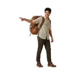 Young man with backpack pointing left isolated on a transparent background adventure
