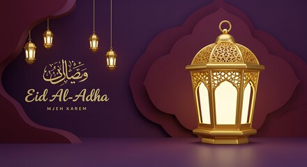 Golden Eid Al-Adha Lanterns with Arabic Calligraphy on a Purple Background