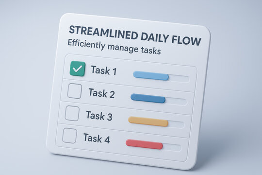 Streamlined daily flow concept with task list and progress bars to efficiently manage tasks and improve productivity in simple layout
