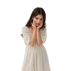 Young woman with hands on cheeks wearing a white dress isolated on a transparent background