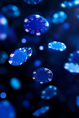 Floating blue casino chips against a blurred dark background, creating a dynamic gaming atmosphere