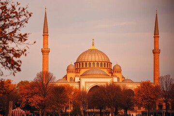 Obraz premium Mosque with minarets and domes against a pale sky partially framed by autumn trees