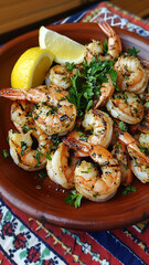 A rustic plate filled with grilled shrimp, seasoned with garlic and herbs, garnished with lemon wedges and fresh parsley, set on a wooden table with a traditional Ukrainian tablecloth.


