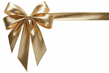 A close-up photograph of a perfectly formed gold metallic ribbon bow against a pure white background