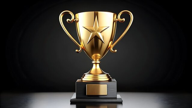 a gold trophy with two handles, a star on top, and a star embossed on the body, sitting on a black base isolated on white background - Powered by Adobe
