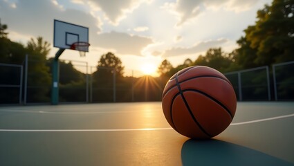 Basketball rests on an outdoor court as the sun sets, casting golden light on the playground and trees in a scene of vibrant recreational activity and summer evening ambiance.