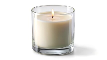 a single lit white cylindrical candle in a clear glass jar isolated on white background