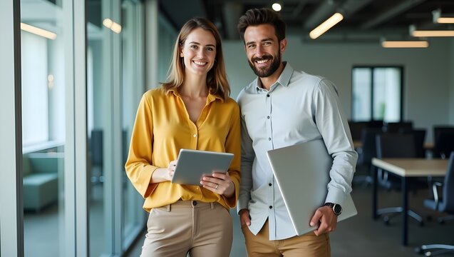 Two smiling business professionals, a woman with a tablet and a man with a laptop, stand confidently in a modern office setting radiating teamwork and successful collaboration. - Powered by Adobe