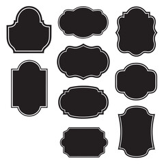 Collection of nine decorative black ornate frames and labels with unique shapes and borders isolated on white background silhouette