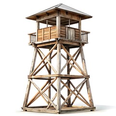 a tall wooden watchtower with a weathered, aged appearance isolated on white background