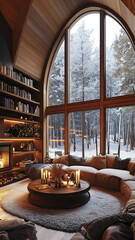 Cozy cabin interior with large windows, arched roof, and a fireplace in the corner of the room. A sofa is surrounded by bookshelves, and a large, round coffee table with candles sits in the center.