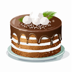 Delicious layered cake with chocolate ganache, coconut balls, and white frosting drips