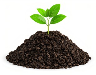 3D rendering of a green seedling sprouting from soil mound, high detail, clean isolated background