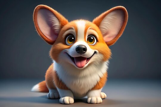 A charming corgi puppy with big ears smiles happily in a studio setting