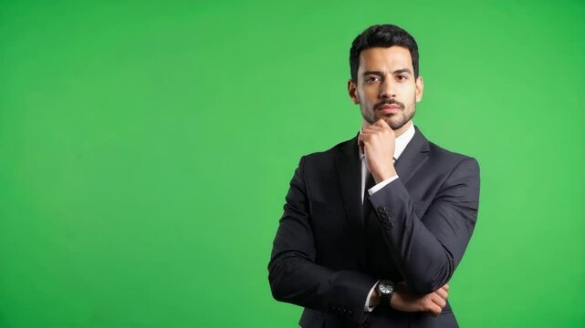 An executive man, standing in the forefront, immersed in deep thought. He is dressed in a suit, posing confidently with a hand touching the chin and with an unfazed expression.