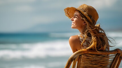 Happy young woman at the beach side, wearing a turquoise sun hat.Natural portrait of young woman with freckles and long hair looking at the camera..