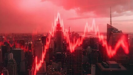 Red graph line over city skyline at night. Dramatic financial crisis concept. - Powered by Adobe