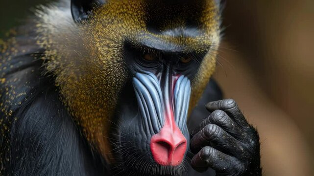 A vibrant mandrill portrait captures the intense gaze and striking colors of this primate, showcasing the essence of African wildlife with detail.