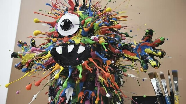 An explosive splash of colorful paint creates a dynamic one-eyed monster sculpture in an artist's studio